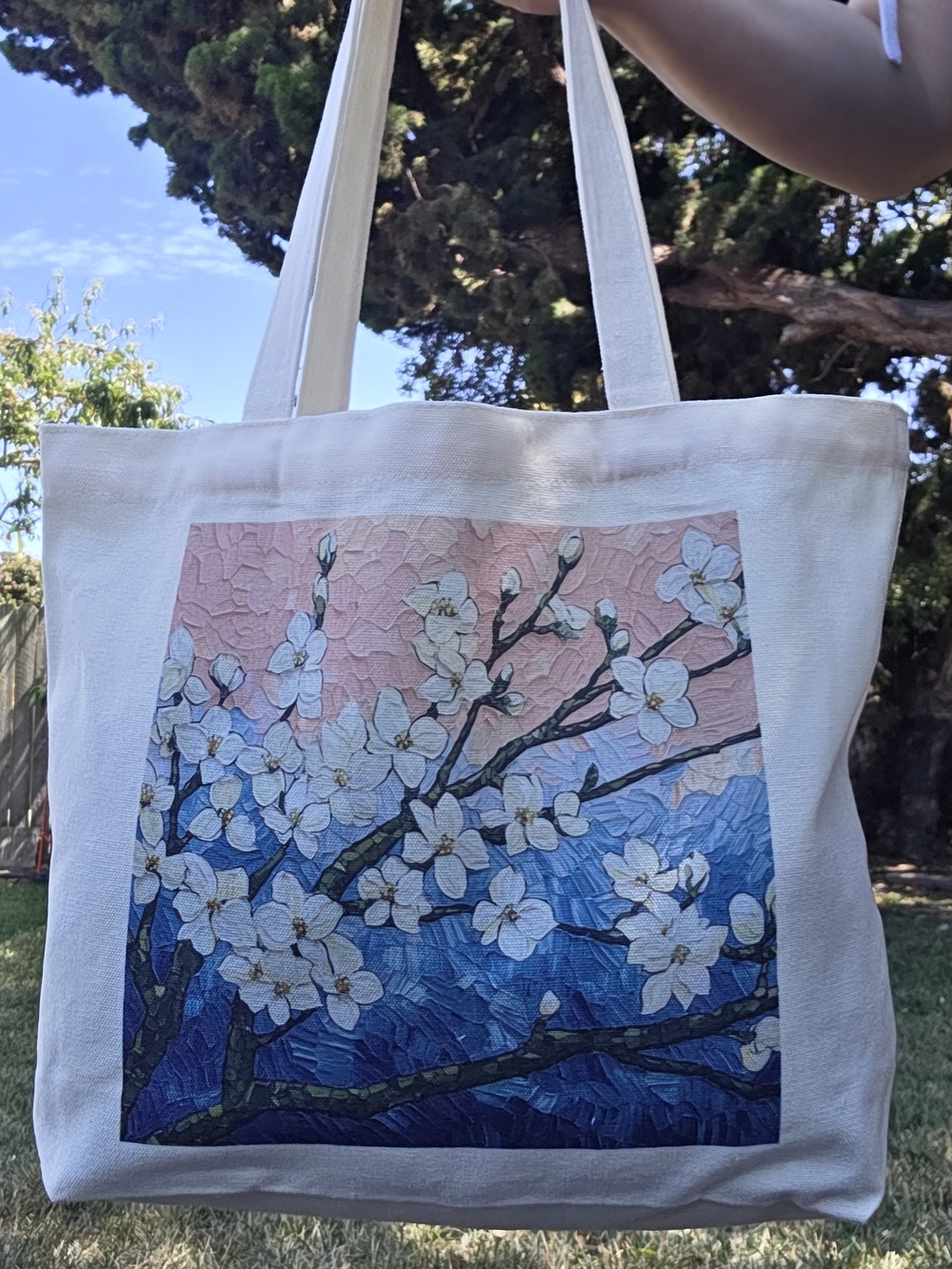 Canvas Tote Bag with White Blossom Art Print - CuttleStudio